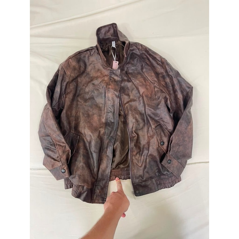 Casly Lamiit Mens Distressed Brown Faux Leather Bomber Jacket Size M Full Zip